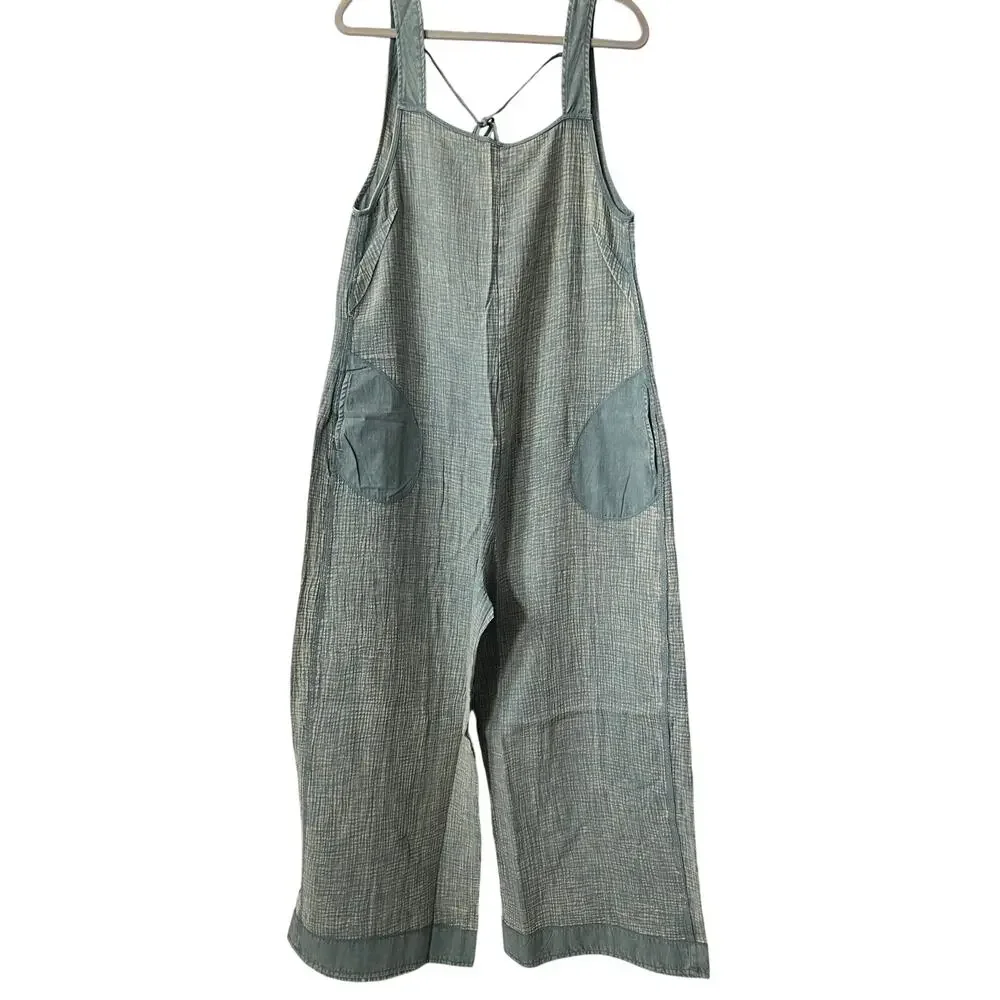Zenana Teal Gauze Cotton Wide Leg Overalls Jumpsuit Boho New